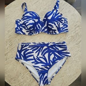 Kona Sol Blue and White Leaf Print High Waisted Bikini